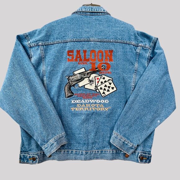 Vtg Saloon No 10 Denim Jacket Mens 3XL Deadwood Dakota Territory Embroidered - Picture 3 of 12